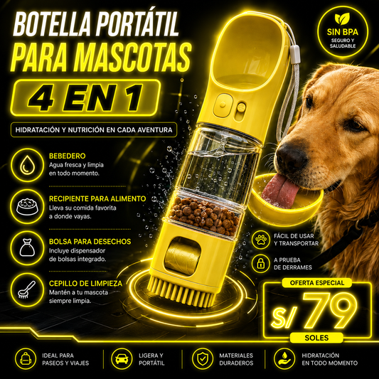 Botella Portatil para Mascotas 4 en 1